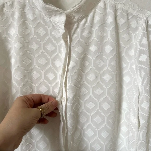 REISS Textured Madison Long Sleeve Geometric Blouse In Off White Size US 10